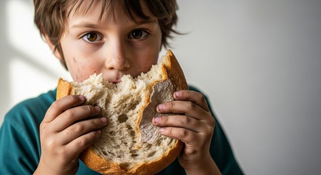 Young boy with dirty face eating a piece of rustic bread. Portrait of a hungry child