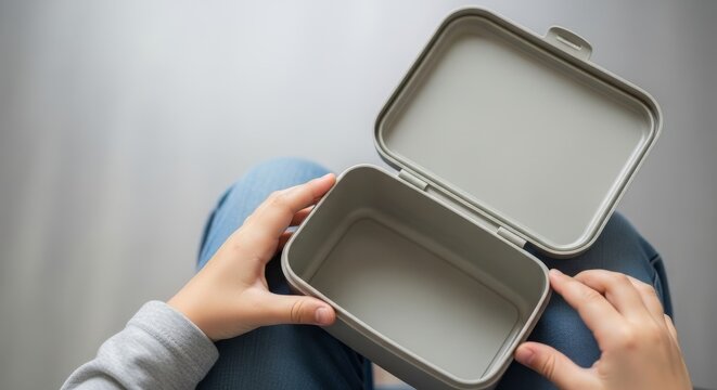 Child holding an empty plastic lunchbox on lap. School lunch and hunger concept