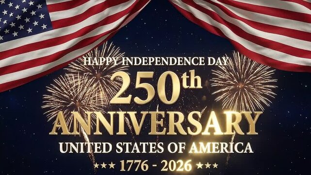 Dynamic 250th Anniversary Celebration of United States with Exploding Patriotic Fireworks Overlay on Black Background