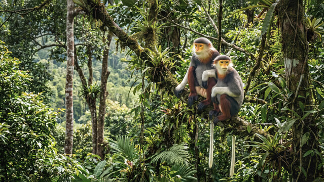 Two red-shanked doucs sit on a mossy branch in a lush, green tropical jungle. The pair display detailed grey, maroon, and white fur amidst dense foliage.