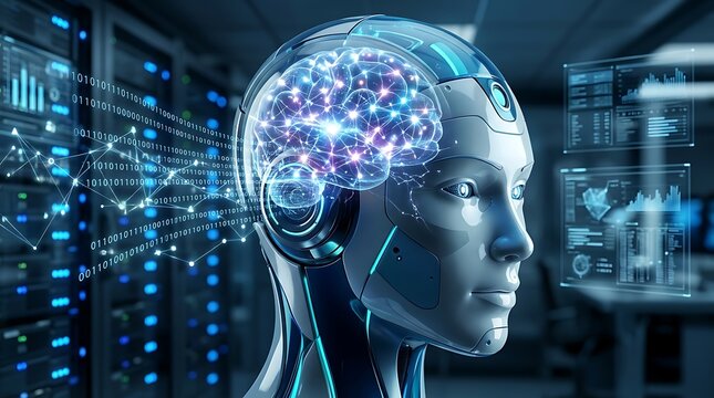 Futuristic robot head with glowing digital brain symbolizing artificial intelligence and advanced technology