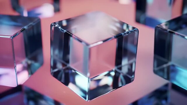 Abstract scene of transparent glass cubes with colorful reflections.