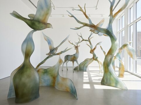 Translucent Resin Nature Sculptures in Modern Gallery