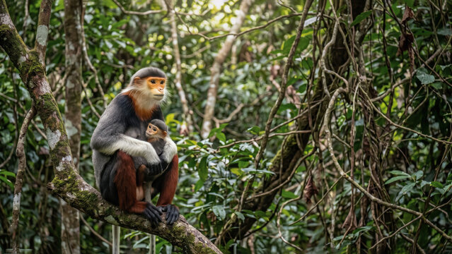 A colorful red-shanked douc rests on a mossy branch in a dense jungle, protectively cradling its small infant amidst lush green foliage.