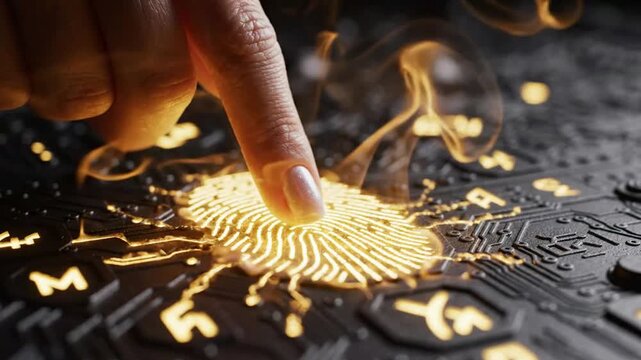 Fingerprint biometric authentication on digital circuit board with glowing data interface security cyber