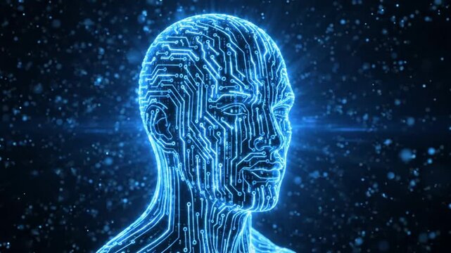 Ai human head with digital circuitry overlay and glowing particles, futuristic technology concept artificial intelligence