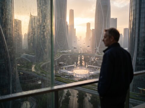 Man Silhouetted on Balcony Against Futuristic City Skyline