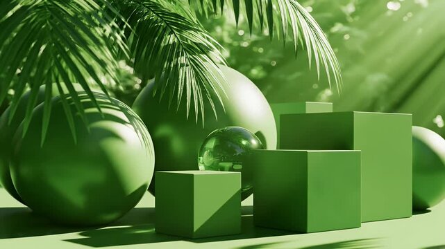A minimalist arrangement of green spheres and cubes bathed in soft sunlight amidst tropical foliage.