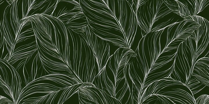 Detailed drawing of large leaves in green color with white lines showing design and texture during daylight