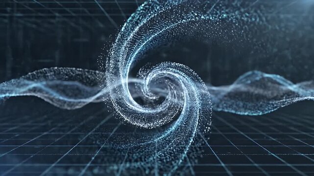 Abstract swirling particle simulation with a grid background.