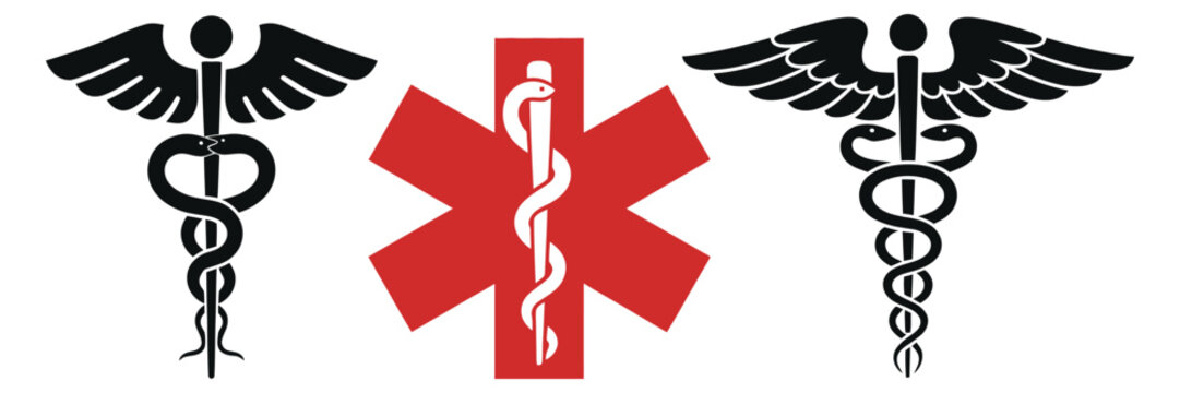 Medical Symbols Featuring Caduceus and Star of Life Icons for Healthcare and Emergency Services, Professional Vector Illustration for Hospitals and First Aid