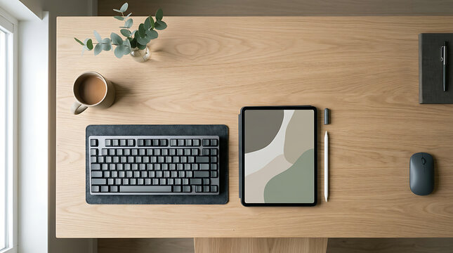 Modern minimalist workspace with computer keyboard and mouse on a wooden desk