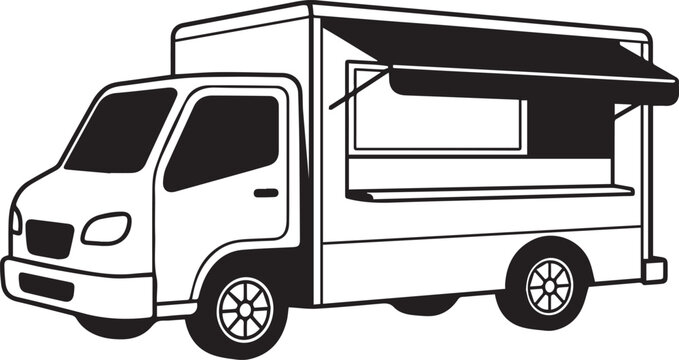 Black and white food truck with awning isolated on transparent background, Vector, illustration