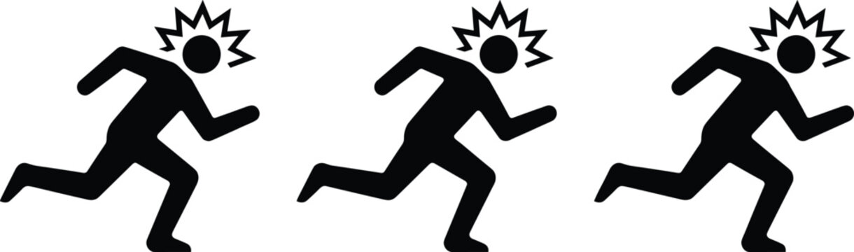 Three Black Silhouettes Of A Running Person With Exploding Head Symbol vector illustration