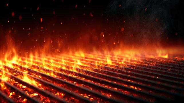 Glowing hot barbecue grill grate with flames sparks and smoke in dark background