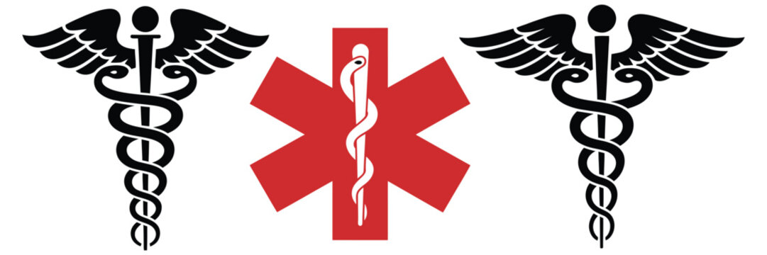 Medical Symbols with Caduceus and Star of Life Designs for Healthcare and Rescue Applications, Professional Vector Icons for Emergency Services and Hospital Signage