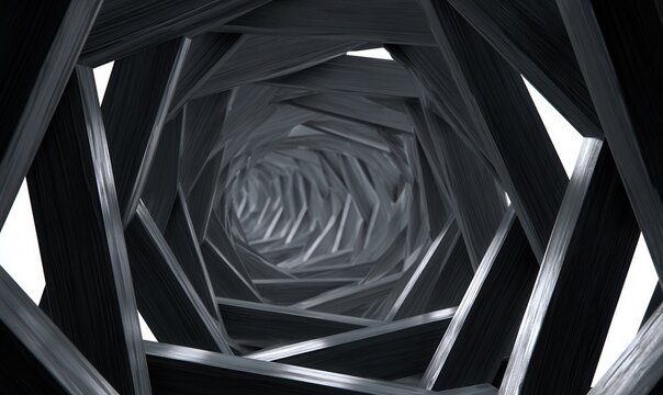 Swirling pattern of metal shapes creates a tunnel view looking down into a spiral design