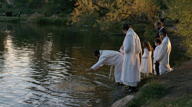 Jewish family performing tashlich prayer by the water during Rosh Hashanah holiday ceremony outdoors