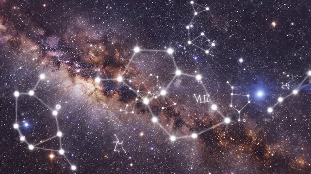 A vibrant depiction of constellations and nebulae in deep space.