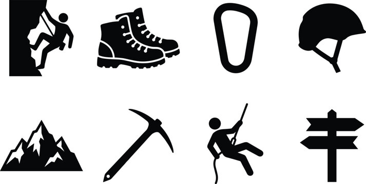 Mountain climbing rock rappelling sport and outdoor hiking equipment collection solid black silhouette vector icons set