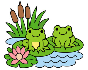Fototapeta premium Two green frogs sitting on lily pads in a blue pond with pink lotus flowers and tall brown reeds. Nature and wetland wildlife concept in colorful cartoon vector illustration.