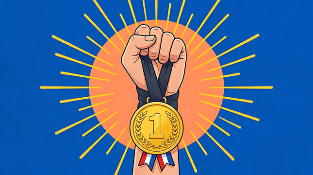 A triumphant hand holds a gold medal in front of a sunny orange circle on blue background with ribbons