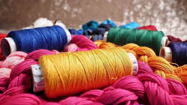 A vibrant collection of colorful embroidery threads is artfully arranged on a textured surface.