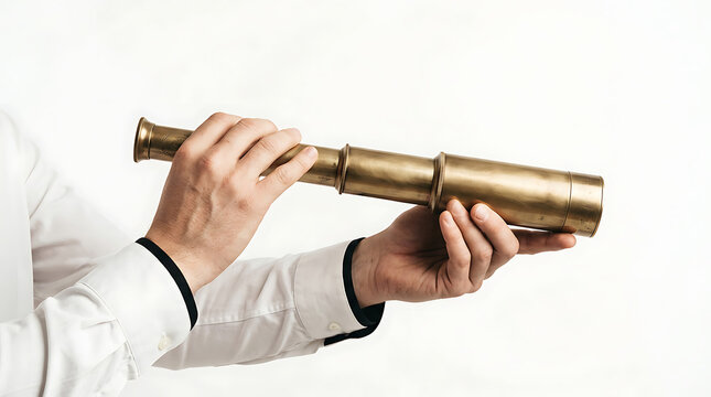 A person in a white shirt examines an antique brass telescope indoors