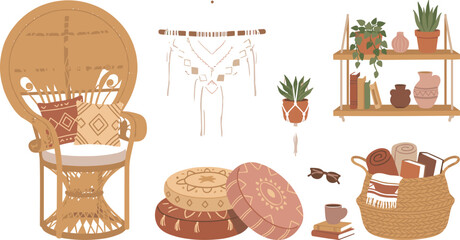 Bohemian boho style living room furniture clipart set with peacock wicker chair poufs shelves macrame wall hanging and basket vector illustration © AdhinChandra