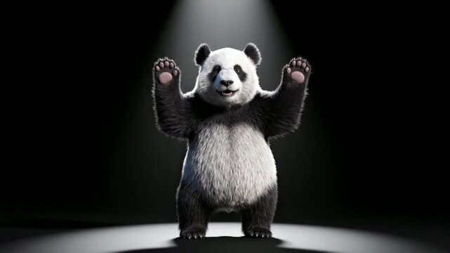 Cute animated panda bear character waving and dancing under spotlight on black background, animation