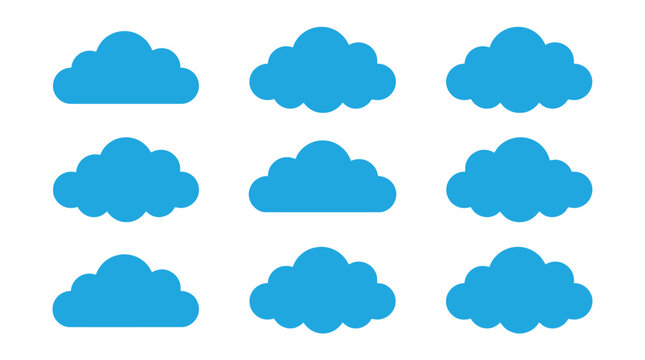 Minimalist blue cloud vector illustration set featuring nine unique stylized shapes for modern graphic design projects