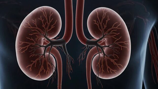 Human kidney anatomy 3 d animation: renal system function and filtration process biology