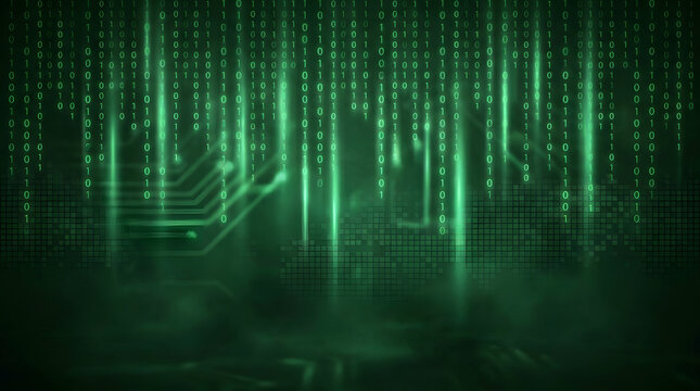 Abstract green binary code rain falling over a glowing digital circuit board, futuristic data programming and cyberspace background, Generative AI.