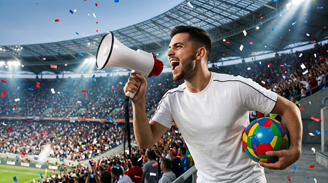 Enthusiastic man in a white t-shirt with a megaphone and colorful ball cheering at a stadium during a sports event with a crowd in the background