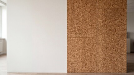 Fototapeta premium acoustic panel design, a textured cork panel with a smooth finish, occupying the left half