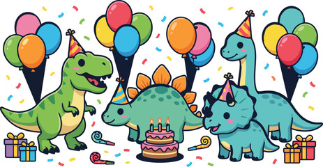 Cute cartoon dinosaurs celebrating birthday party with cake balloons gifts and confetti vector illustration banner background for kids invitation card design © AdhinChandra