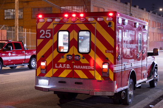 Los Angeles, California, USA - June 18, 2026: A LAFD Paramedic arrives on scene to assist firefighters.