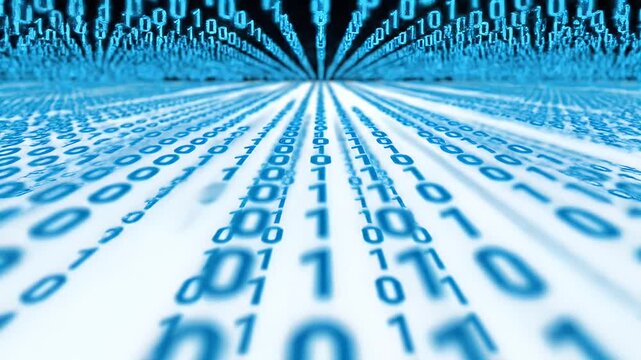 Abstract digital stream of binary code in neon blue.