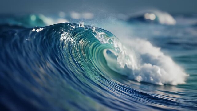 A mesmerizing close-up of a powerful ocean wave cresting and curling with sunlight glinting off the water.