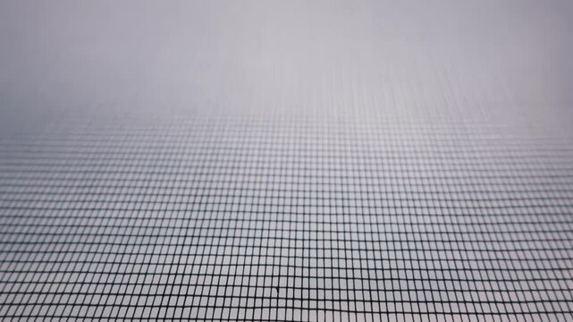 Fine mesh mosquito net covers a window overlooking a blurry green field and colorful evening sky at dusk. Concept of insect protection, home security, pest control, and rural living.