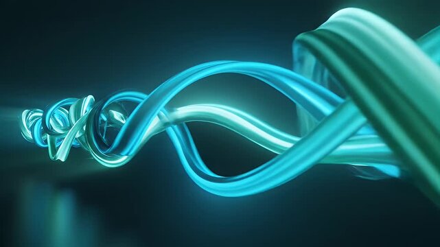 Abstract blue and green glowing ribbons forming an intricate knot on a dark background.