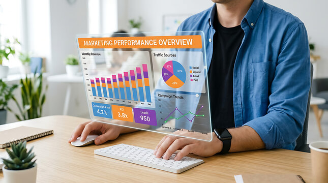 Man working on computer with infographic floating above keyboard in office