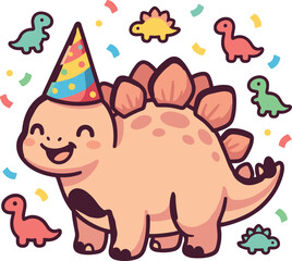 Cute stegosaurus dinosaur wearing a colorful party hat celebrating with confetti vector illustration for kids birthday invitation card design © AdhinChandra