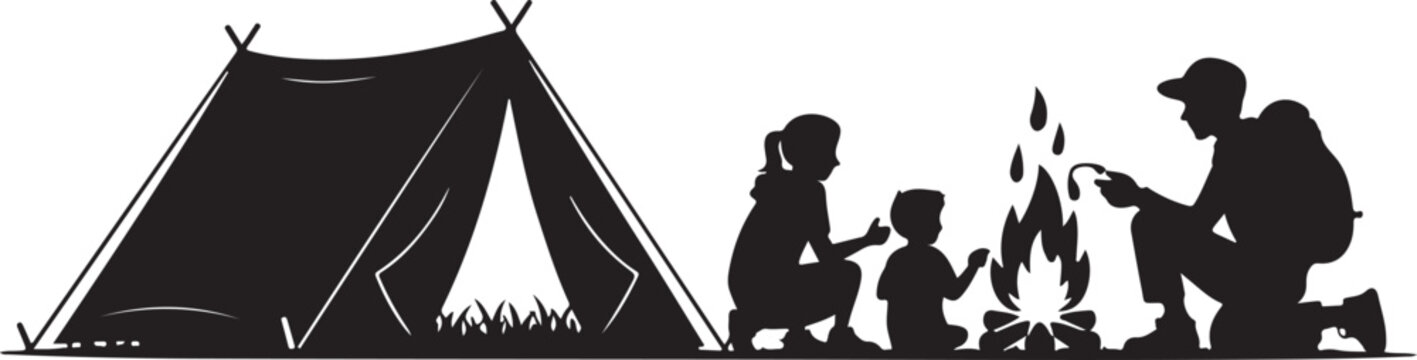 Family camping silhouette with a tent and a campfire, parents and a child roasting marshmallows outdoors, vector illustration