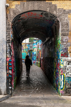 Ghent, Belgium &ndash; September 23, 2024 &ndash; Graffiti Covered Werregaren Entrance Street Ghent Belgium. Colorful Werregaren street with it&rsquo;s graffiti filled walkway in Ghent, Belgium.

