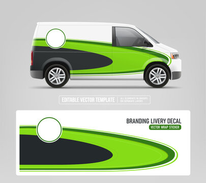 Commercial cargo van vehicle wrap mockup with green branding graphics. Editable vector Van template for fleet branding, vinyl decal design, corporate identity, delivery stransport graphics