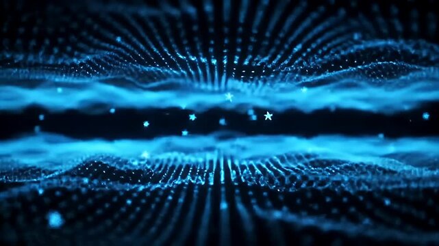 Abstract flowing digital particles and light trails in vibrant blue.