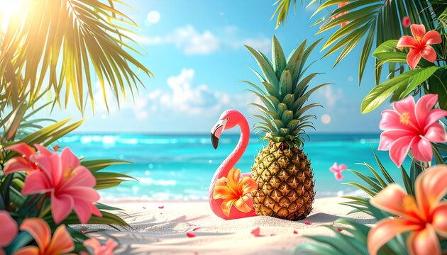Tropical summer background featuring a pink flamingo and pineapple with lush palm leaves, bright sunlight, vibrant colors, and ample copy space for seasonal promotions.