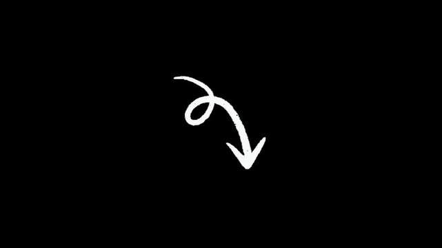 A white arrow pointing downwards with a curved tail on a black background
