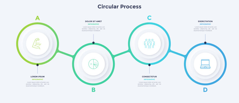 Circular process infographic with four steps. Neumorphic business template with connection nodes and icons. Vector illustration banner design for workflow presentation and corporate strategy data.
